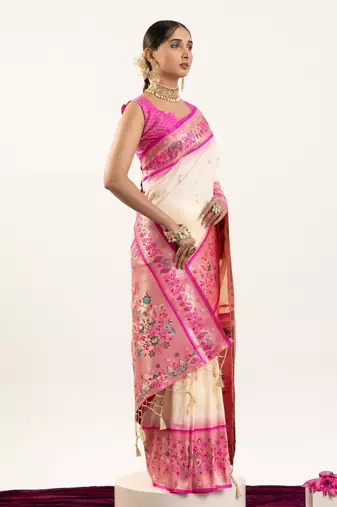 Cream soft banarasi silk zari woven saree with blouse