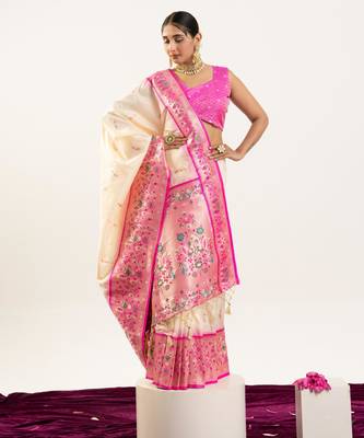 Cream soft banarasi silk zari woven saree with blouse 3