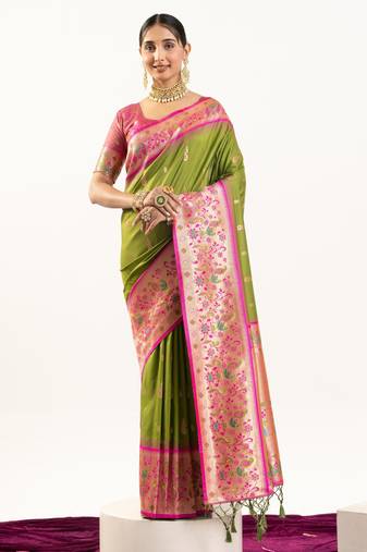 Mehendi soft banarasi silk zari woven saree with blouse