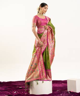 Mehendi soft banarasi silk zari woven saree with blouse 2