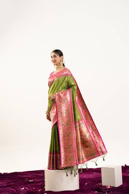 Mehendi soft banarasi silk zari woven saree with blouse 3