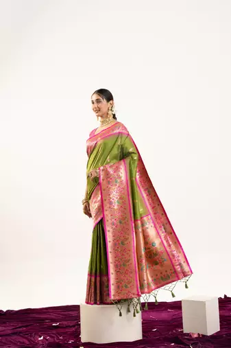 Mehendi soft banarasi silk zari woven saree with blouse
