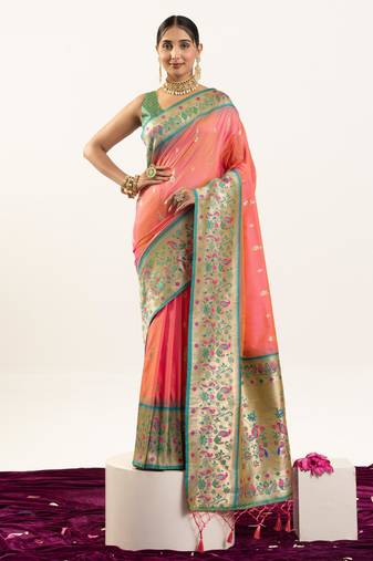 Peach soft banarasi silk zari woven saree with blouse