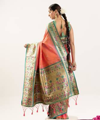 Peach soft banarasi silk zari woven saree with blouse 5