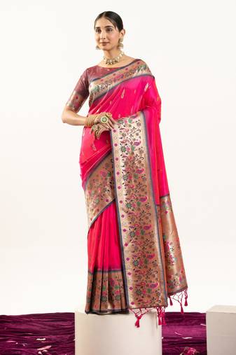Rani soft banarasi silk zari woven saree with blouse