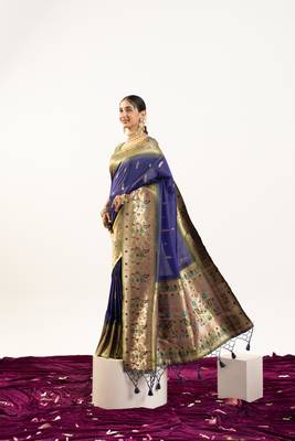 Royal blue soft banarasi silk zari woven saree with blouse 3