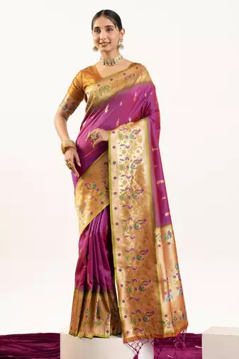 Wine soft banarasi silk zari woven saree with blouse