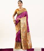 Wine soft banarasi silk zari woven saree with blouse