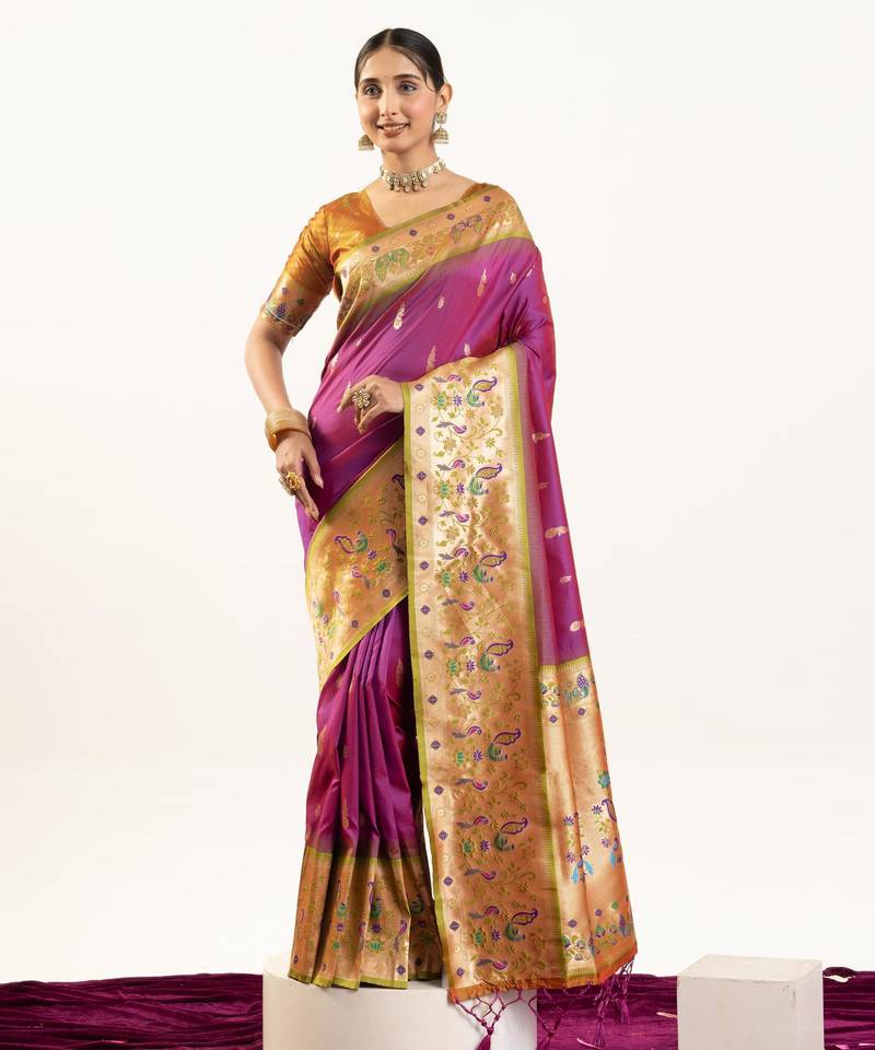 Wine soft banarasi silk zari woven saree with blouse