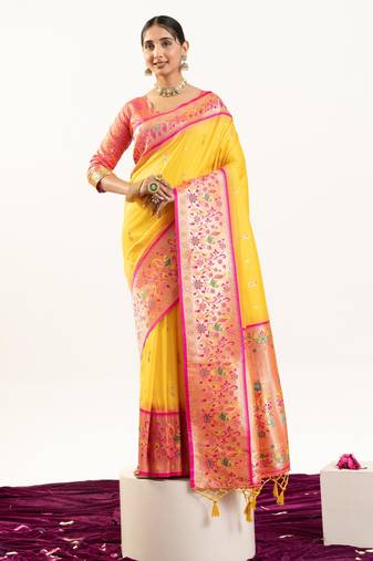 Yellow soft banarasi silk zari woven saree with blouse