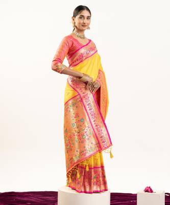 Yellow soft banarasi silk zari woven saree with blouse 2