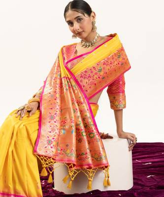 Yellow soft banarasi silk zari woven saree with blouse 3