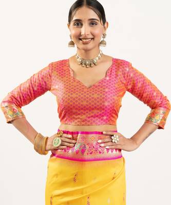 Yellow soft banarasi silk zari woven saree with blouse 4