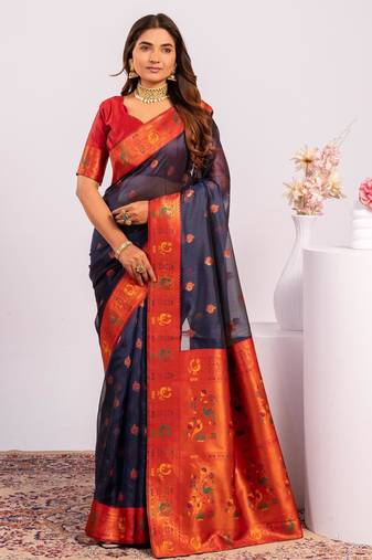 Women's blue soft tissue silk zari woven saree with blouse