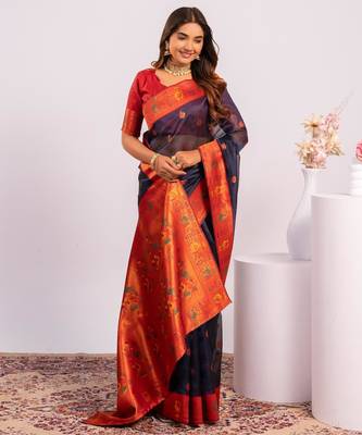 Women's blue soft tissue silk zari woven saree with blouse 2
