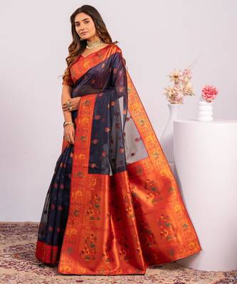 Women's blue soft tissue silk zari woven saree with blouse 3