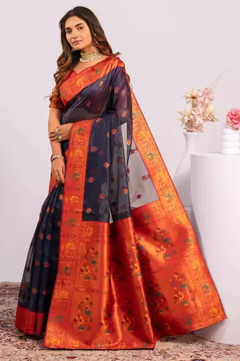 Women's blue soft tissue silk zari woven saree with blouse