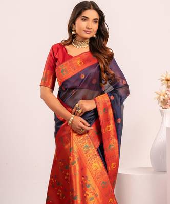 Women's blue soft tissue silk zari woven saree with blouse 4