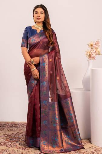 Women's coffee soft tissue silk zari woven saree with blouse