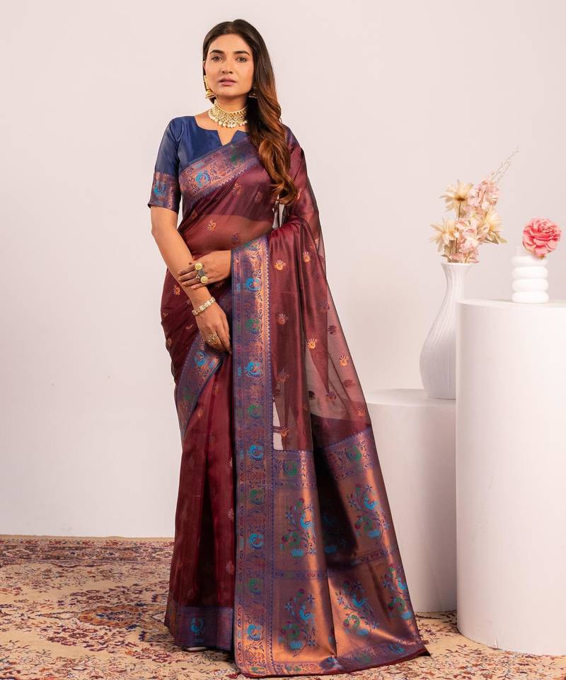 Women's coffee soft tissue silk zari woven saree with blouse