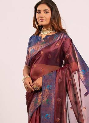 Women's coffee soft tissue silk zari woven saree with blouse 3
