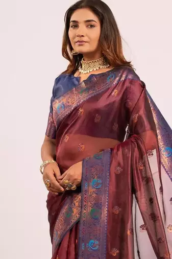 Women's coffee soft tissue silk zari woven saree with blouse