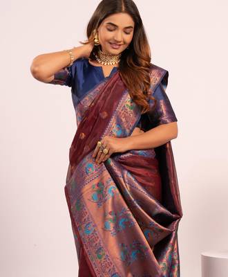 Women's coffee soft tissue silk zari woven saree with blouse 4