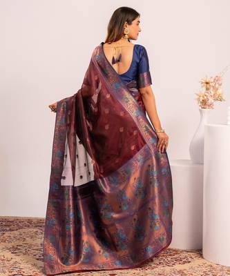 Women's coffee soft tissue silk zari woven saree with blouse 5