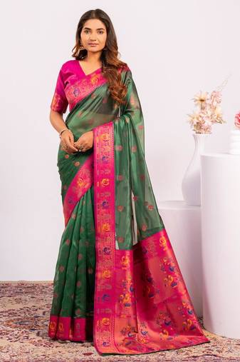 Women's green soft tissue silk zari woven saree with blouse