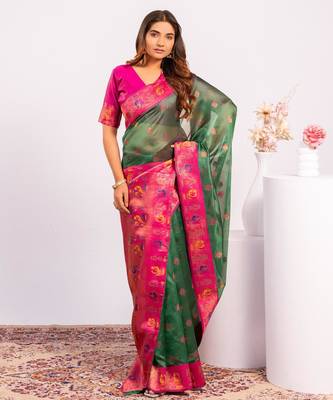 Women's green soft tissue silk zari woven saree with blouse 2