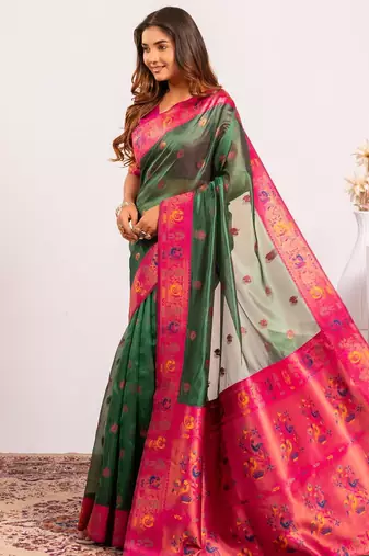 Women's green soft tissue silk zari woven saree with blouse