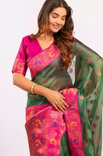 Women's green soft tissue silk zari woven saree with blouse