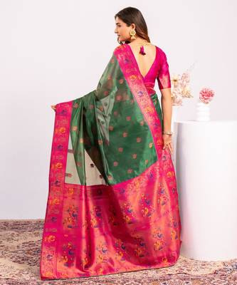 Women's green soft tissue silk zari woven saree with blouse 5