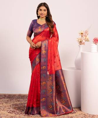 Women's red soft tissue silk zari woven saree with blouse 1