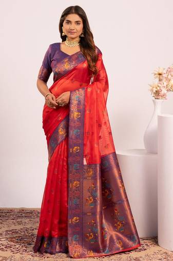 Women's red soft tissue silk zari woven saree with blouse