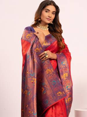 Women's red soft tissue silk zari woven saree with blouse 4