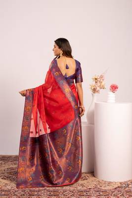 Women's red soft tissue silk zari woven saree with blouse 5