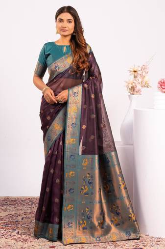 Women's wine soft tissue silk zari woven saree with blouse