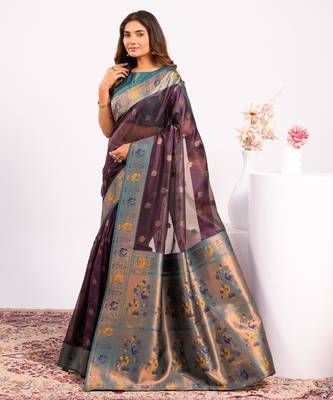 Women's wine soft tissue silk zari woven saree with blouse 3