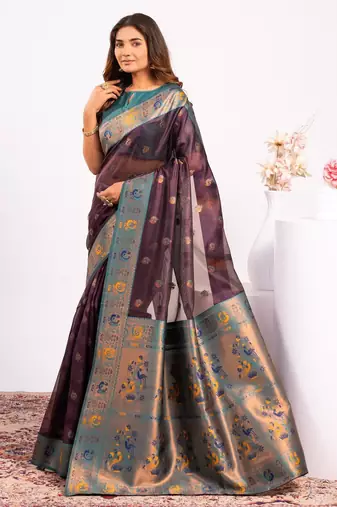 Women's wine soft tissue silk zari woven saree with blouse