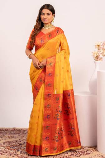 Women's yellow soft tissue silk zari woven saree with blouse