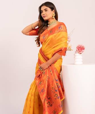 Women's yellow soft tissue silk zari woven saree with blouse 4