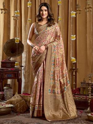 Women's cream banarasi digital cluster print saree with blouse 1