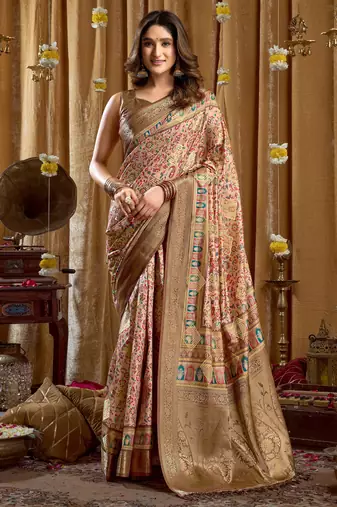 Women's cream banarasi digital cluster print saree with blouse