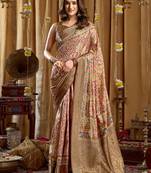 Women's cream banarasi digital cluster print saree with blouse