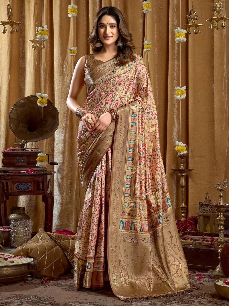 Women's cream banarasi digital cluster print saree with blouse