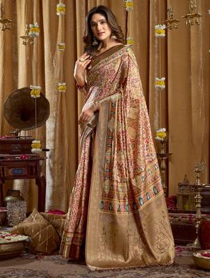 Women's cream banarasi digital cluster print saree with blouse 2