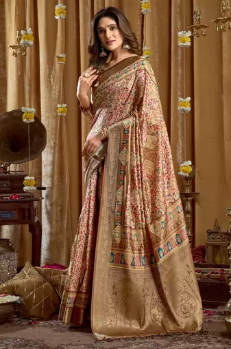 Women's cream banarasi digital cluster print saree with blouse