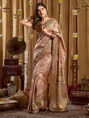 Women's cream banarasi digital cluster print saree with blouse 3