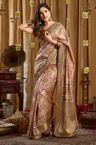 Women's cream banarasi digital cluster print saree with blouse